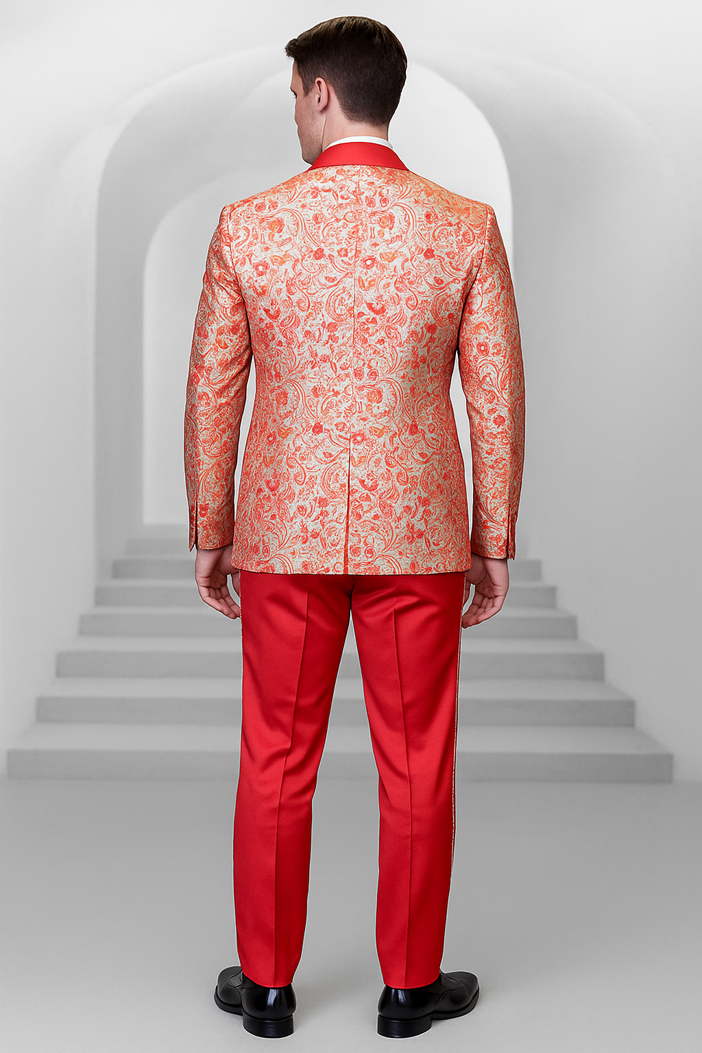 Coral Orange Men's Shiny Paisley Wedding Tuxedo with Double Breasted Vest & Satin Pants - Image 2