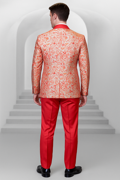 Coral Orange Men's Shiny Paisley Wedding Tuxedo with Double Breasted Vest & Satin Pants - Image 2