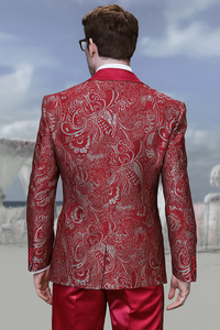 Men’s Red Paisley Brocade Prom Tuxedo with Vested Double Breasted Suit – Wedding Ready