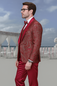 Men’s Red Paisley Brocade Prom Tuxedo with Vested Double Breasted Suit – Wedding Ready