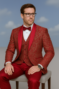 Men’s Red Paisley Brocade Prom Tuxedo with Vested Double Breasted Suit – Wedding Ready