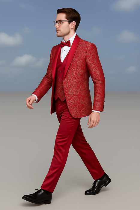 Men’s Red Paisley Brocade Prom Tuxedo with Vested Double Breasted Suit – Wedding Ready