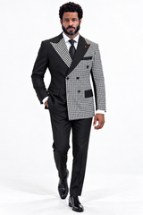 Mens Houndstooth Glen Plaid Double Breasted Two-Toned 100% Wool Side Vented Modern Fit Suit in Black