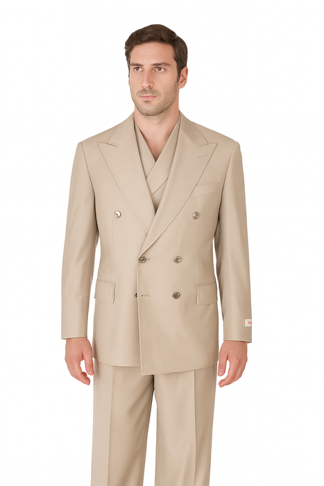 Tiglio Rosso Suit  - Classic Fit Athletic Cut 100% Wool Super 150s Italian Fabric Peak Lapel in Color Light Tan