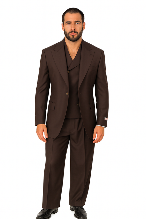 Tiglio Rosso Suit  - Classic Fit Athletic Cut 100% Wool Super 150s Italian Fabric Peak Lapel in Color Chocolate Brown