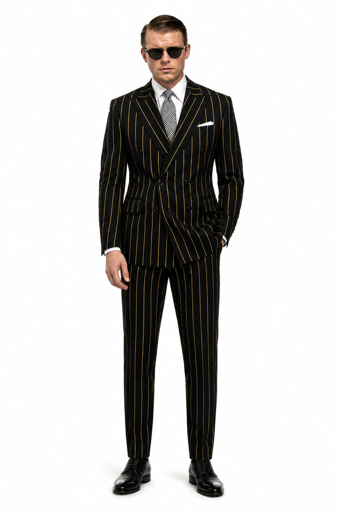 Men'S Two Black And Red Stripe 2 Buttons Bold Chalk Pinstripe ~ Stripe Peak Lapel Cheap Priced Business Suits Clearance Sale Vested 3 Piece Pleated Pants