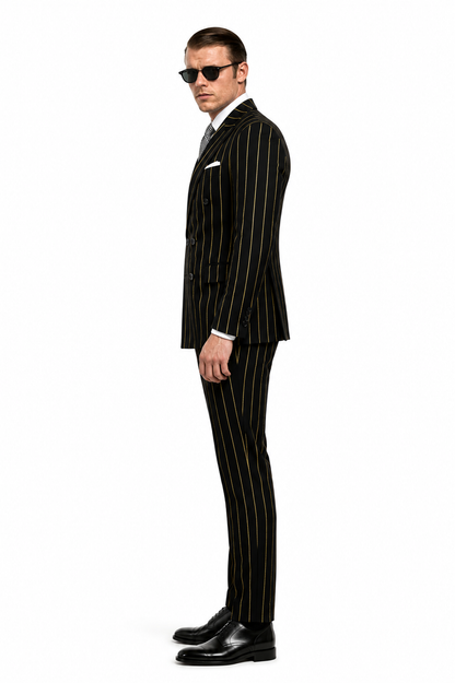 Men'S Two Black And Red Stripe 2 Buttons Bold Chalk Pinstripe ~ Stripe Peak Lapel Cheap Priced Business Suits Clearance Sale Vested 3 Piece Pleated Pants