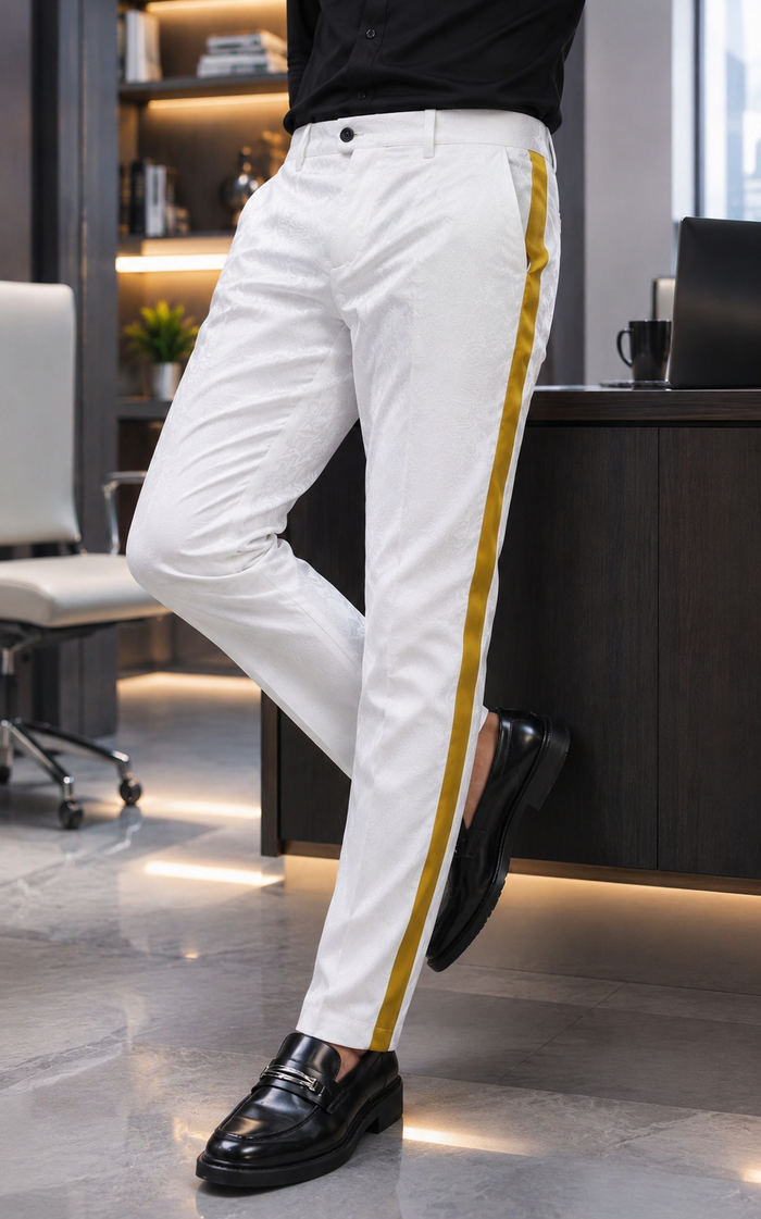 Men’s White Tuxedo Pants with Gold Sateen Side Stripe – Formal Dress Pants for Wedding and Prom