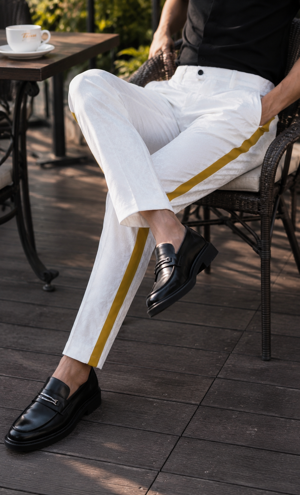 Men’s White Tuxedo Pants with Gold Sateen Side Stripe – Formal Dress Pants for Wedding and Prom
