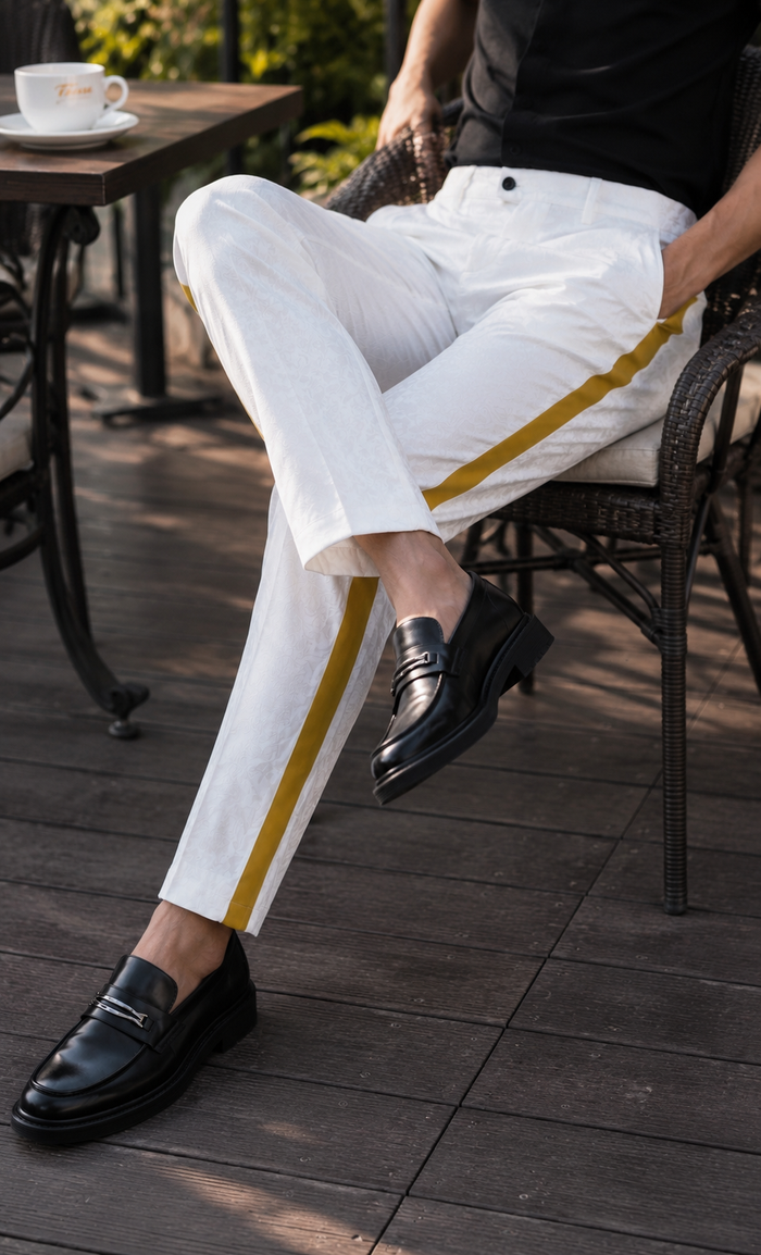 Men’s White Tuxedo Pants with Gold Sateen Side Stripe – Formal Dress Pants for Wedding and Prom