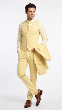 Men’s Yellow Seersucker 3 Piece Suit, 100% Cotton Summer Wedding Dress Suit