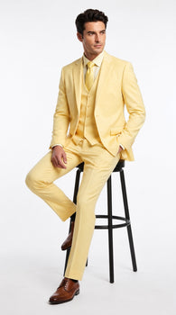 Men’s Yellow Seersucker 3 Piece Suit, 100% Cotton Summer Wedding Dress Suit