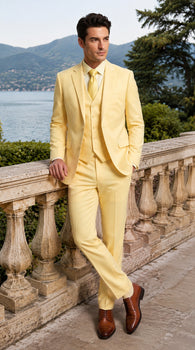 Men’s Yellow Seersucker 3 Piece Suit, 100% Cotton Summer Wedding Dress Suit