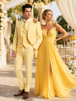 Men’s Yellow Seersucker 3 Piece Suit, 100% Cotton Summer Wedding Dress Suit