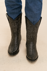 Black Caiman Tail Snip Toe Cowboy Boot