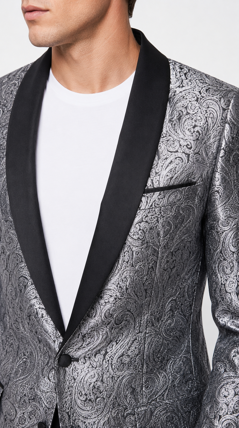 Alberto Nardoni Men's Silver Gray & Black Paisley Sequin Tuxedo Suit with Black Satin Shawl Lapel