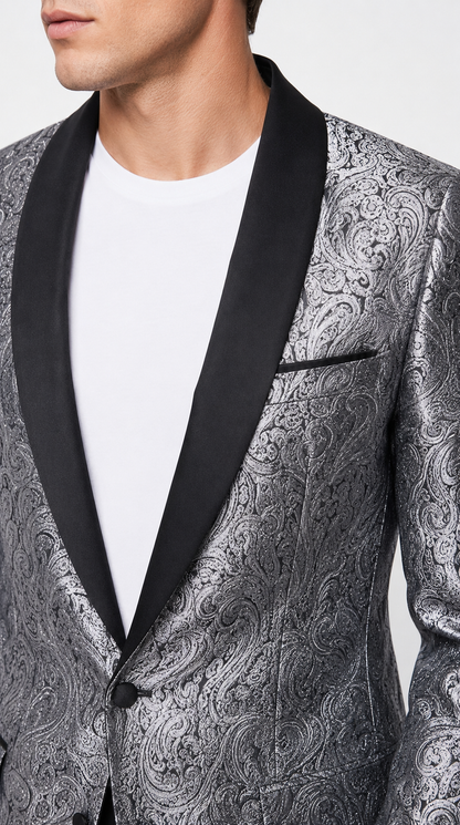 Alberto Nardoni Men's Silver Gray & Black Paisley Sequin Tuxedo Suit with Black Satin Shawl Lapel