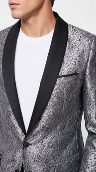 Alberto Nardoni Men’s Silver Gray and Black Paisley Sequin Tuxedo Blazer with Black Lapel