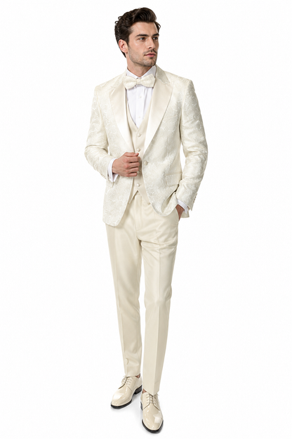 Men’s Champagne Ivory Paisley Dinner Jacket with Bow Tie, Off White Floral Formal Blazer