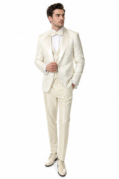 Men’s Champagne Ivory Paisley Dinner Jacket with Bow Tie, Off White Floral Formal Blazer