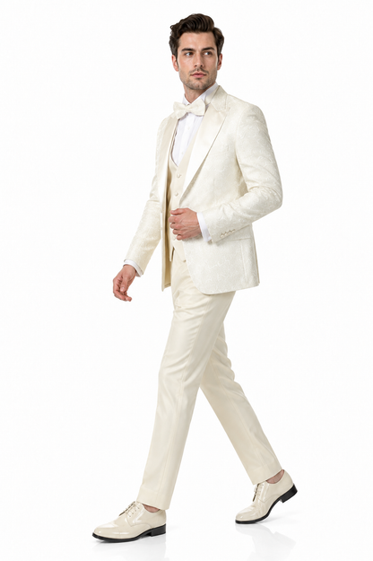 Men’s Champagne Ivory Paisley Dinner Jacket with Bow Tie, Off White Floral Formal Blazer