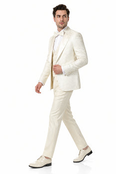 Men’s Champagne Ivory Paisley Dinner Jacket with Bow Tie, Off White Floral Formal Blazer