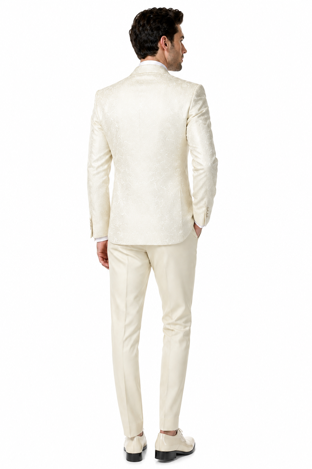 Men’s Champagne Ivory Paisley Dinner Jacket with Bow Tie, Off White Floral Formal Blazer