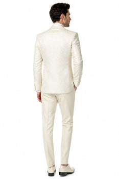 Men’s Champagne Ivory Paisley Dinner Jacket with Bow Tie, Off White Floral Formal Blazer