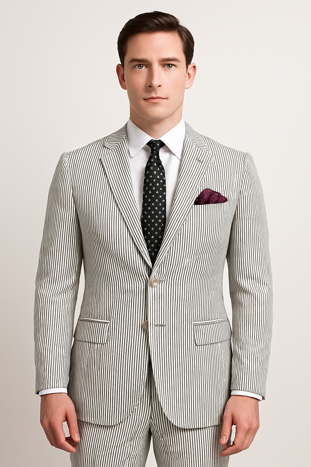 C06143 新品 THE SUIT COMPANY：160cm-8drop Men's 2pc Summer Seersucker Modern Fit Suit In Black Pinstripe