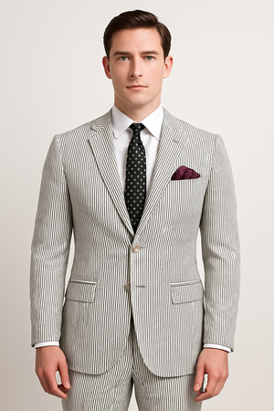 Men's 2pc Summer Seersucker Modern Fit Suit In Black Pinstripe