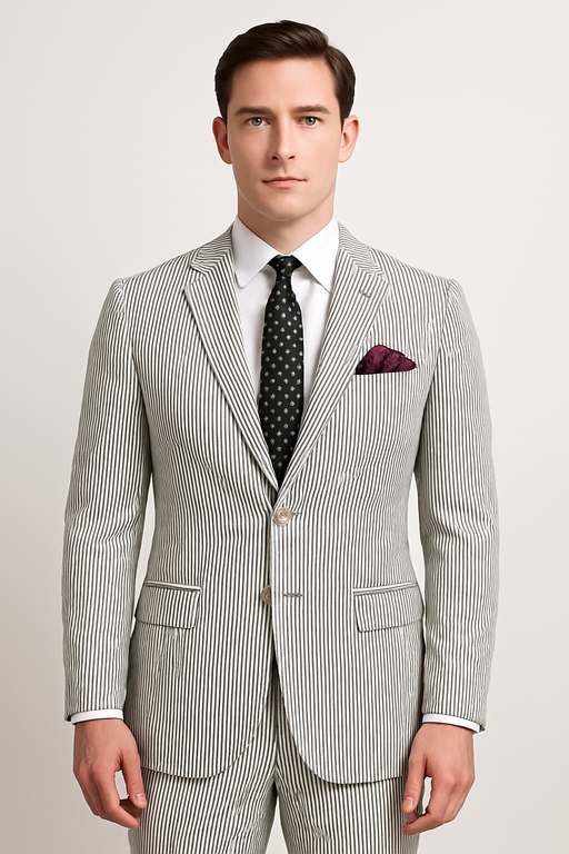 Men's 2pc Summer Seersucker Modern Fit Suit In Black Pinstripe