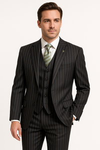 Mens Gangster Pinstripe 2 Button Double Breasted Vest Suit in Black Or Charcoal Grey