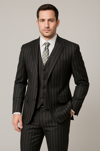 Mens Gangster Pinstripe 2 Button Double Breasted Vest Suit in Black Or Charcoal Grey