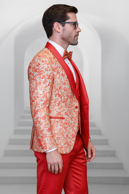 Coral Orange Men's Shiny Paisley Wedding Tuxedo with Double Breasted Vest & Satin Pants - Image 5