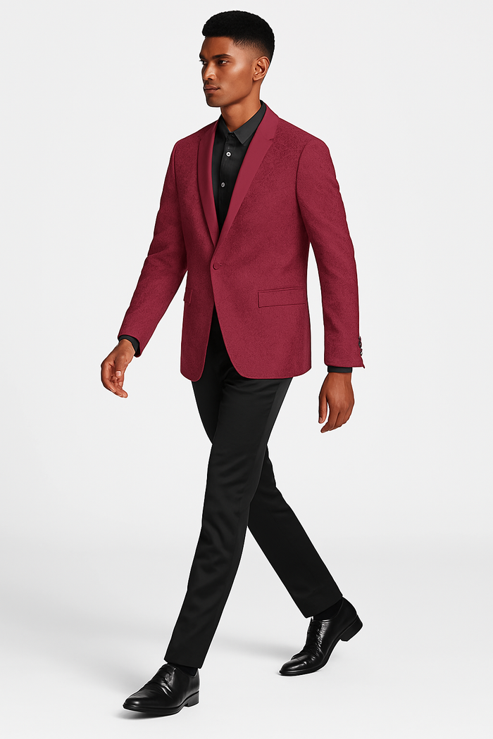 Burgundy paisley slim fit tuxedo jacket – men's wedding & prom blazer with satin shawl lapel - Image 2