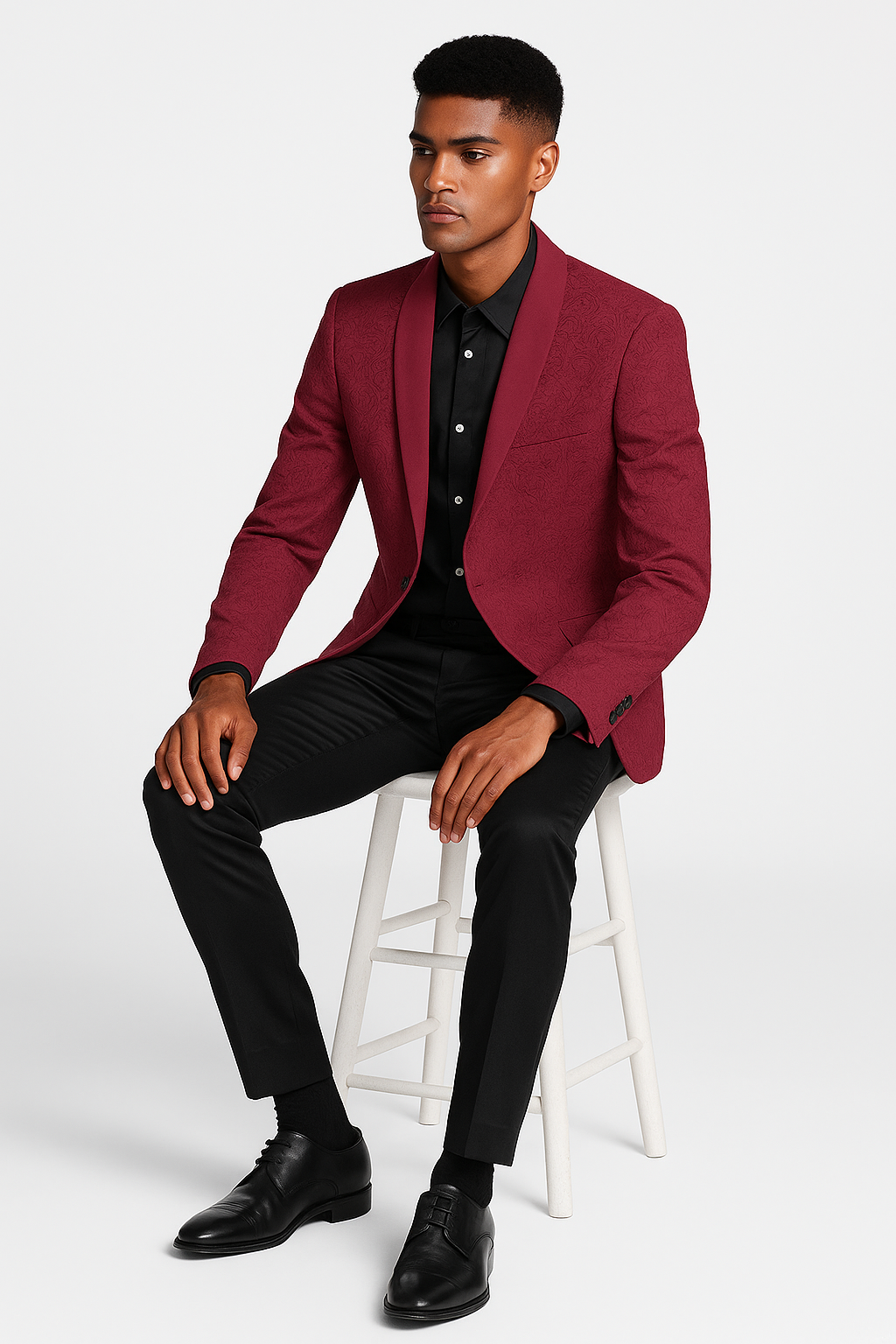 Burgundy paisley slim fit tuxedo jacket – men's wedding & prom blazer with satin shawl lapel - Image 3