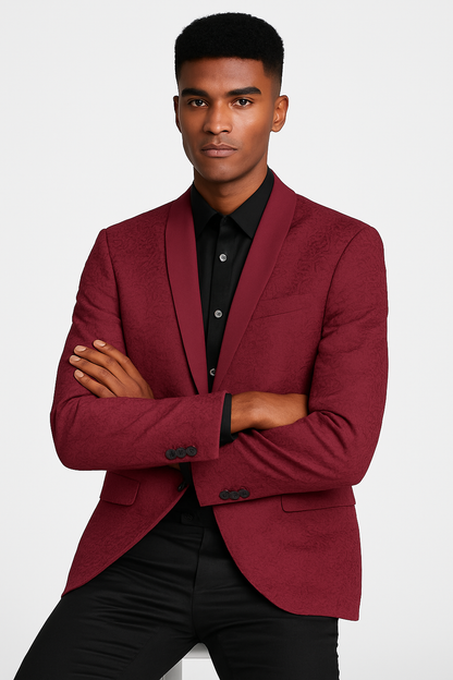 Burgundy paisley slim fit tuxedo jacket – men's wedding & prom blazer with satin shawl lapel - Image 4