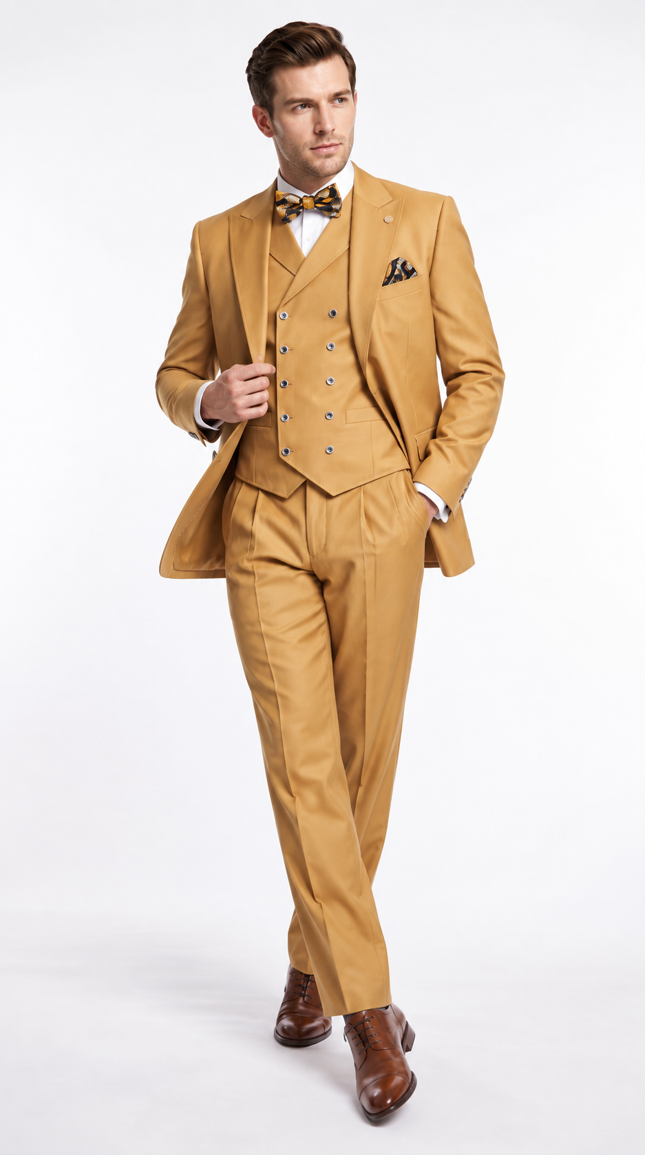 Men’s Camel Big & Tall 3-Piece Wool Suit – Peak Lapel Classic Fit with Double-Breasted Vest & Pleated Pants