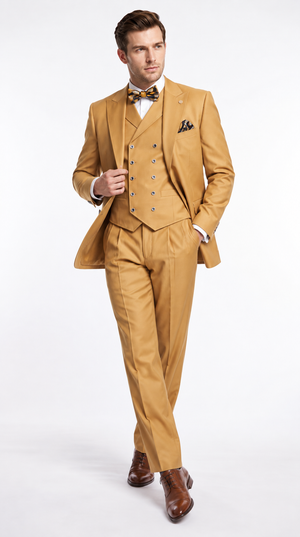 Men’s Camel Big & Tall 3-Piece Wool Suit – Peak Lapel Classic Fit with Double-Breasted Vest & Pleated Pants