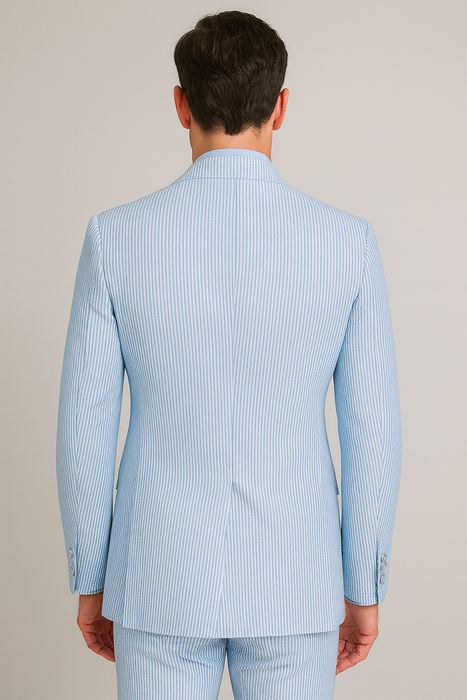 Seersucker Suit Peak Lapel Suit in Color "BLUE" - Summer Fabric Tone on Tone Shadow Stripe By Rossiman