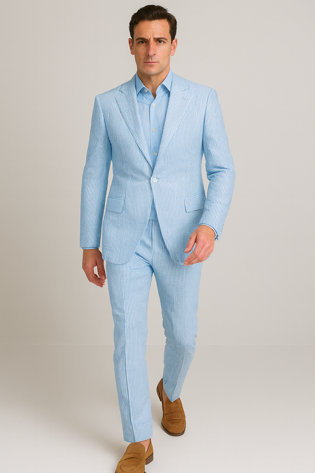 Seersucker Suit Peak Lapel Suit in Color "BLUE" - Summer Fabric Tone on Tone Shadow Stripe By Rossiman Modern Fit