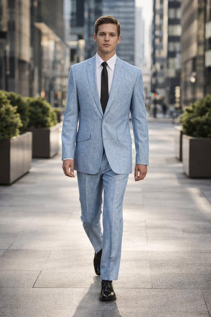 New Mens 2 Piece Luxurious 100% Mens Linen Suit - Cheap Priced Business Suits Clearance Sale 2 Buttons Blue