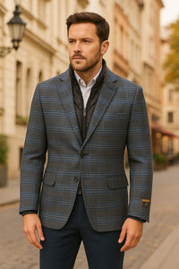 Men’s Blue & Grey Checkered Wool Blazer with Quilted Inner Layer – Alberto Nardoni Collection