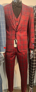 Mens Burgundy Plaid Three-Piece Suit – Ultra Slim Fit Checkered Windowpane Redish 544-10 - Image 4