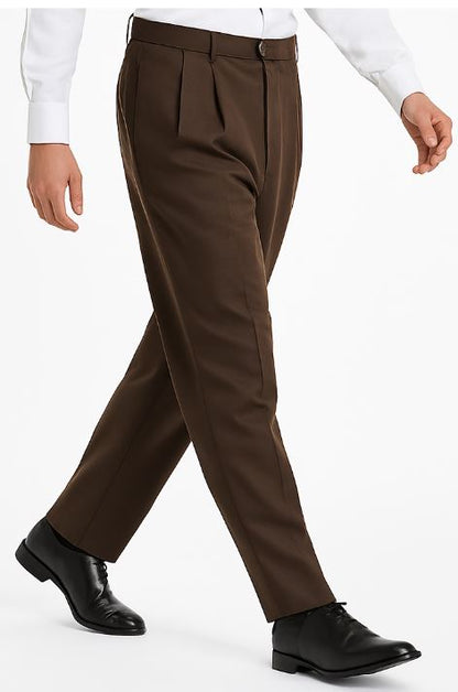 Mens Pleated Dress Pants Chocolate Brown Wide Leg Slacks Pleated Baggy Dress Trousers Unhemmed Unfinished Bottom Cognac / Dress size Pants : 38