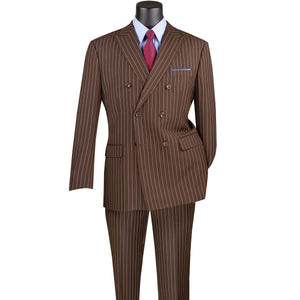 Mens Brown Pinstripe Double-Breasted Suit – Classic 6-Button Business and Vintage Style