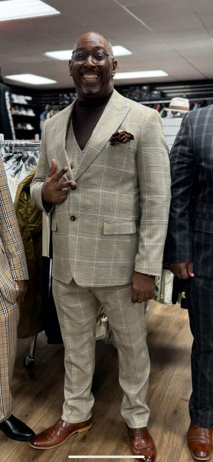 Mens Beige Plaid 3-Piece Suit – Classic Checkered Suit for Weddings, Church Vested Checkered Pattern - Image 5