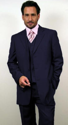 Classic Fit - Navy Suit - Three Button Vested Suit - Athletic Fit - 100% Percent Wool Fabric Suit - Worsted Wool Business Suit