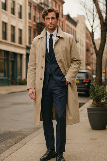 Mens Beige Trench Coat – Classic Long Overcoat with Button Front - Raincoat in Khaki Color - Image 6
