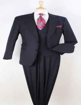 Classic Wool Fabric Fit - Pleated Pant - Peak Lapel With Double Breasted Vest - Athletic Fit Dark Navy with Blue Stripe Mens Suit